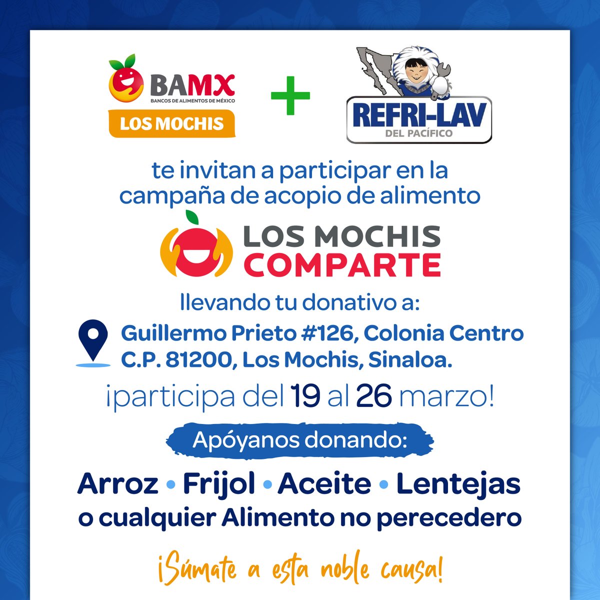 BamxLosMochis's tweet photo. ¡Tú puedes sumarte a esta iniciativa solidaria!
tienes hasta el 26 de marzo para participar...
#LosMochisComparte #BAMXLM #HambreCero #PorUnMundoSinHambre #ZeroHunger #LosMochis #Ahome #Sinaloa https://t.co/xQ2UDiwhcV