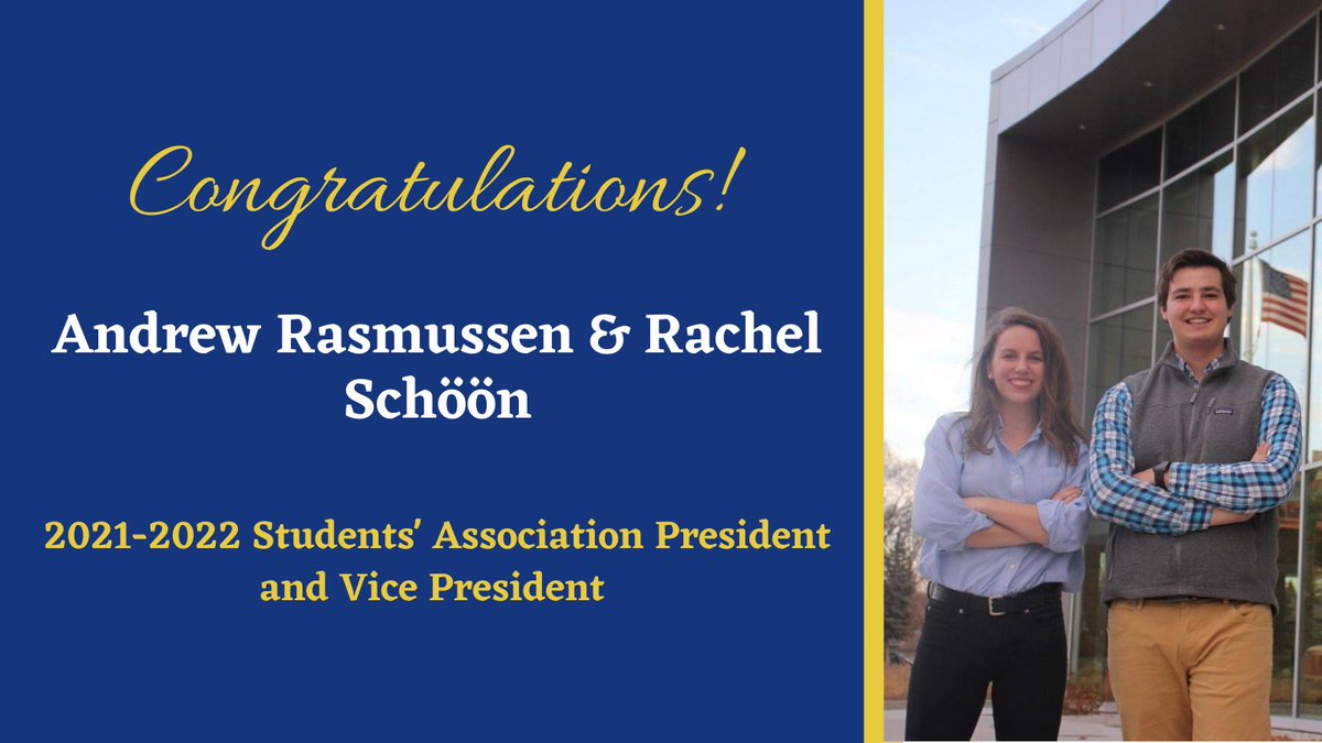 SDSU_SA's tweet photo. Congratulations to the newly elected Students' Association President and Vice President, Andrew Rasmussen and Rachel Schöön. 

For more election information and general election vote counts, please visit this page:  https://t.co/VUz9o30SPx

Thank you for voting! https://t.co/XqfYB6P7s2