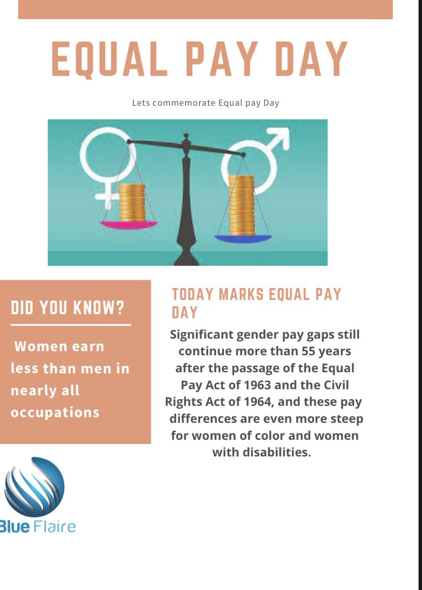 BFlaire's tweet photo. Did you know that equal pay gaps still persist 55 years after the passage of Equal pay act of 1964??

We are aware of the pay differences that still effect the woman of our country. That is why at Blue Flaire we focus on talent not gender. #EqualPayDay #blueflaire https://t.co/sRU7m9npsM