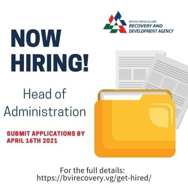 NOW HIRING! The RDA is now accepting applications for the post of Head of Administration. For more details please click on the link. bvirecovery.vg/get-hired/