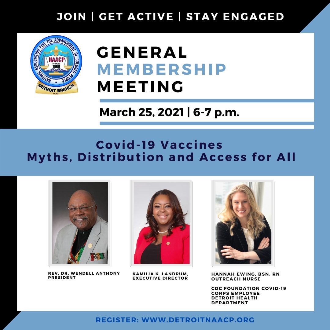 DETROITNAACP's tweet photo. COVID-19 Vaccines
Myths, Distribution and Access for All
Join us for our March General Membership Meeting this Thursday, March 25 at 6 p.m.
Visit https://t.co/m17IF7Syen to register.
#Vaccines
#COVID
#Pfizer
#Moderna
#JohnsonAndJohnson
#JoinGetInvolvedStayEngaged https://t.co/JcvtcvAdjH