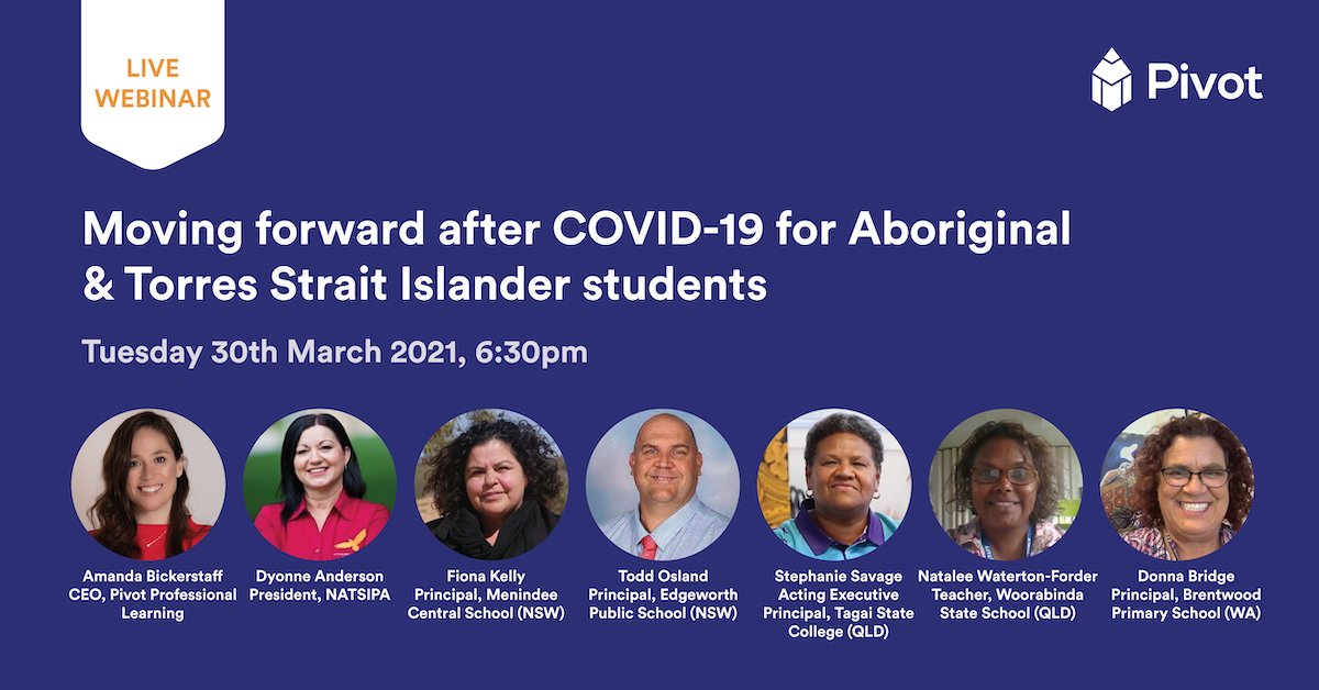 Pivot_PL's tweet photo. Join us on Tuesday 30th March 2021 for our webinar with the National Aboriginal and Torres Strait Islander Principal Association on how we can support our Aboriginal and Torres Strait Islander students for an equitable education. https://t.co/WFkD22DAjT
#education #Teachers https://t.co/fzRAFGW12h