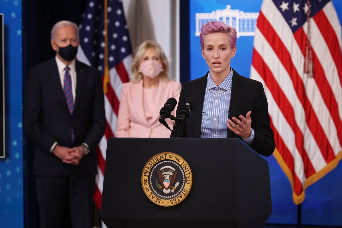 Megan Rapinoe and <a href="/USWNT/">U.S. Women's National Soccer Team</a> teammate Midge Purce joined President Joe Biden and First Lady Jill Biden at the White House today to mark #EqualPayDay