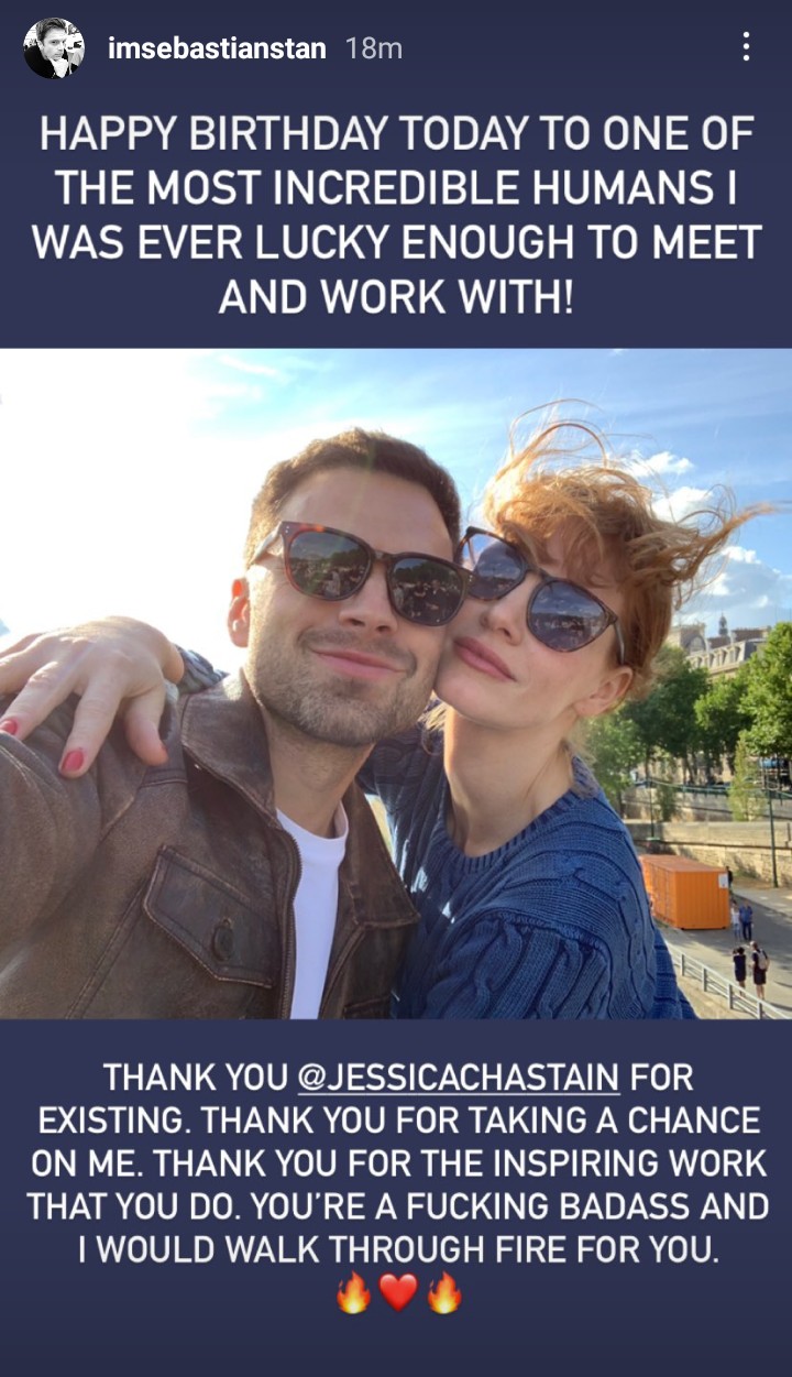 Seb wishing Jessica Chastain a happy birthday 