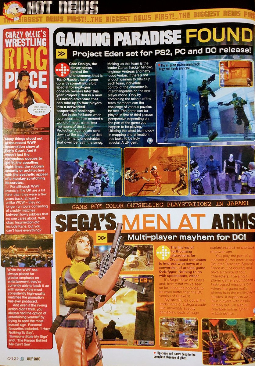 GamesmasterSaid's tweet photo. Latest news featuring Core Design revealing Project Eden, Hideo Kojima finds PS2 lacking, and arcade hit Silent Scope will be ported to Dreamcast. (Pt. 2/3)

#WWF #Outtrigger #WWFNoMercy #XMen #Starlancer #Pikachu #Bleem #Dreamcast #GameBoyColor #SoulReaver2 #Infogrames https://t.co/jTPJFGPacs