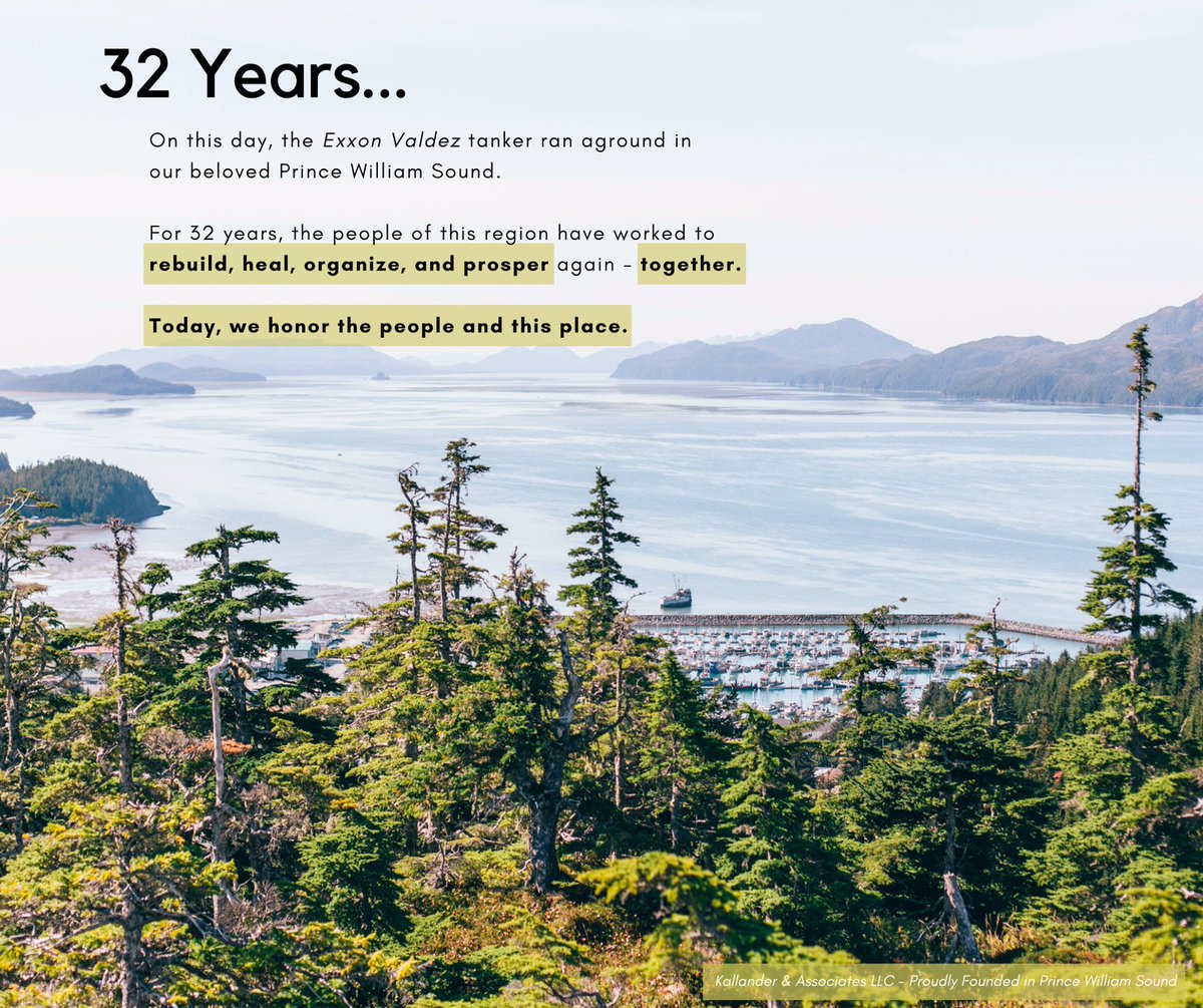 KallanderAssoc's tweet photo. Thirty-two years and several hours ago, the Exxon Valdez tanker ran aground. Here at Kallander &amp; Associates, we're reflecting on this event; the passionate commitment to move forward, dedication to community, and the resilience that followed. https://t.co/skWR08aWEM