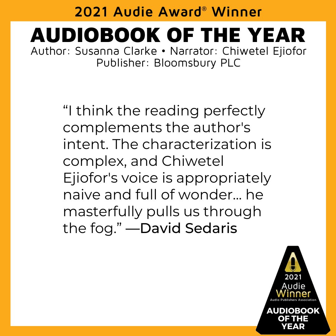 audiobooks's tweet photo. Congratulations again to PIRANESI by #SusannaClarke, narrated by #ChiwetelEjiofor, published by @BloomsburyPub... here's what judges @DavidSedaris, @Egangoonsquad, and @thommyorange said about Ejiofor's masterful reading of this novel. 
https://t.co/XfwXVLY1w7 https://t.co/QL4Dvtzr8v