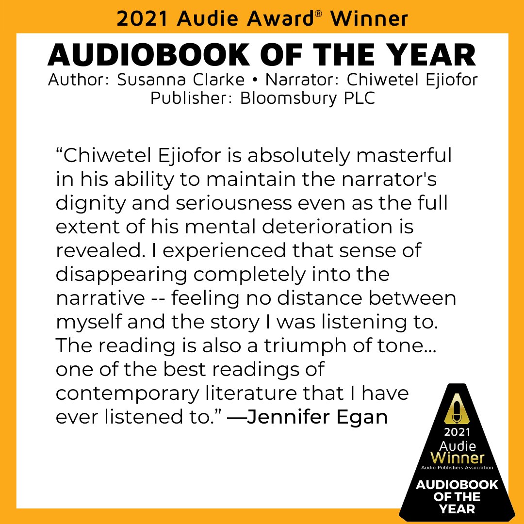 audiobooks's tweet photo. Congratulations again to PIRANESI by #SusannaClarke, narrated by #ChiwetelEjiofor, published by @BloomsburyPub... here's what judges @DavidSedaris, @Egangoonsquad, and @thommyorange said about Ejiofor's masterful reading of this novel. 
https://t.co/XfwXVLY1w7 https://t.co/QL4Dvtzr8v