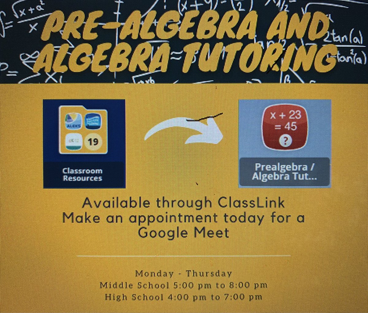 Students, check this out! Need some Tutoring! Algebra Tutoring available through Google Meet! Make an appointment now! #BeTheBestU <a href="/lakeschools/">Lake County Schools</a> <a href="/thomasgerds/">tgerds3</a> <a href="/1pyatta/">Andrea Pyatt</a>