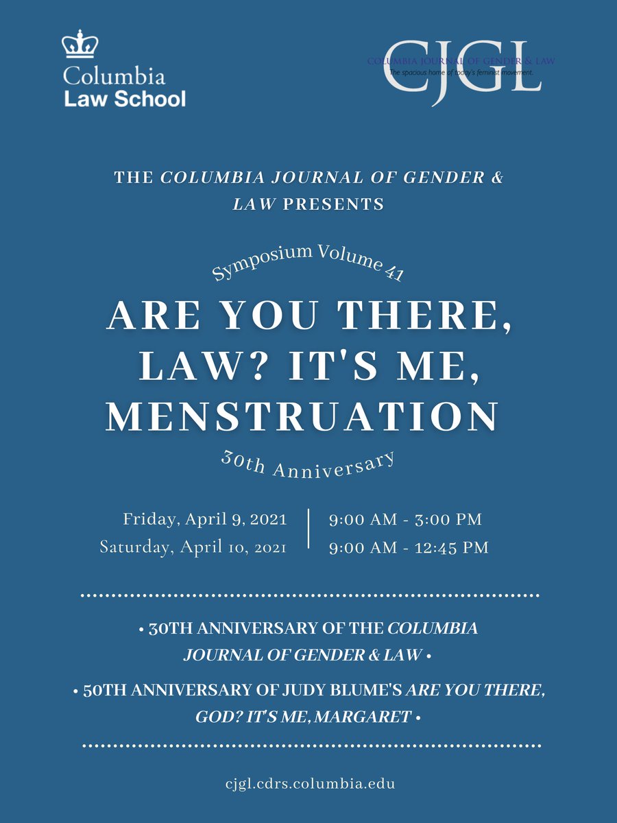 ColumbiaJGL's tweet photo. We're thrilled to announce this series of short-form essays written for our upcoming Symposium “Are You There, Law? It’s Me, Menstruation.” Read them on the CJGL Forum and don't forget to preregister for the Symposium on April 9-10: https://t.co/pfATdKE0JA https://t.co/M9ij4F7HkB