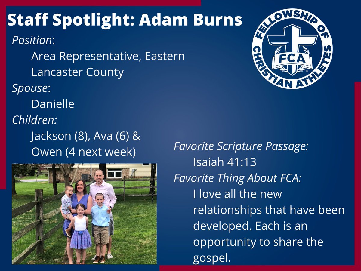Staff spotlight! Meet Adam Burns, one of our area representatives in Eastern Lancaster County. Adam's area includes Pequea Valley, Elanco, Ephrata, and Cocalico school districts, as well as Lancaster Mennonite.

#LancasterFCA