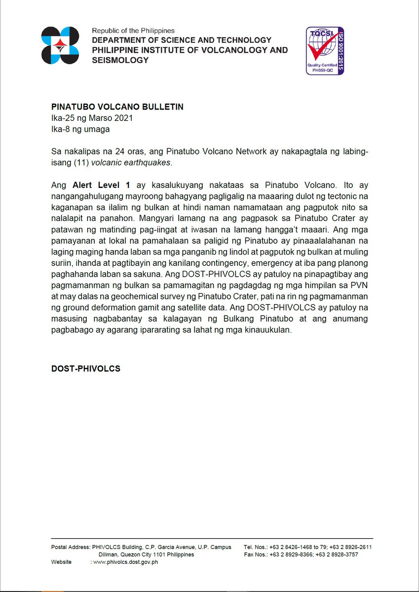phivolcs_dost's tweet photo. PINATUBO VOLCANO BULLETIN
Ika-25 ng Marso 2021
Ika-8 ng umaga

#PinatuboVolcano

https://t.co/yA6TiPm54a https://t.co/ec104VAWmj
