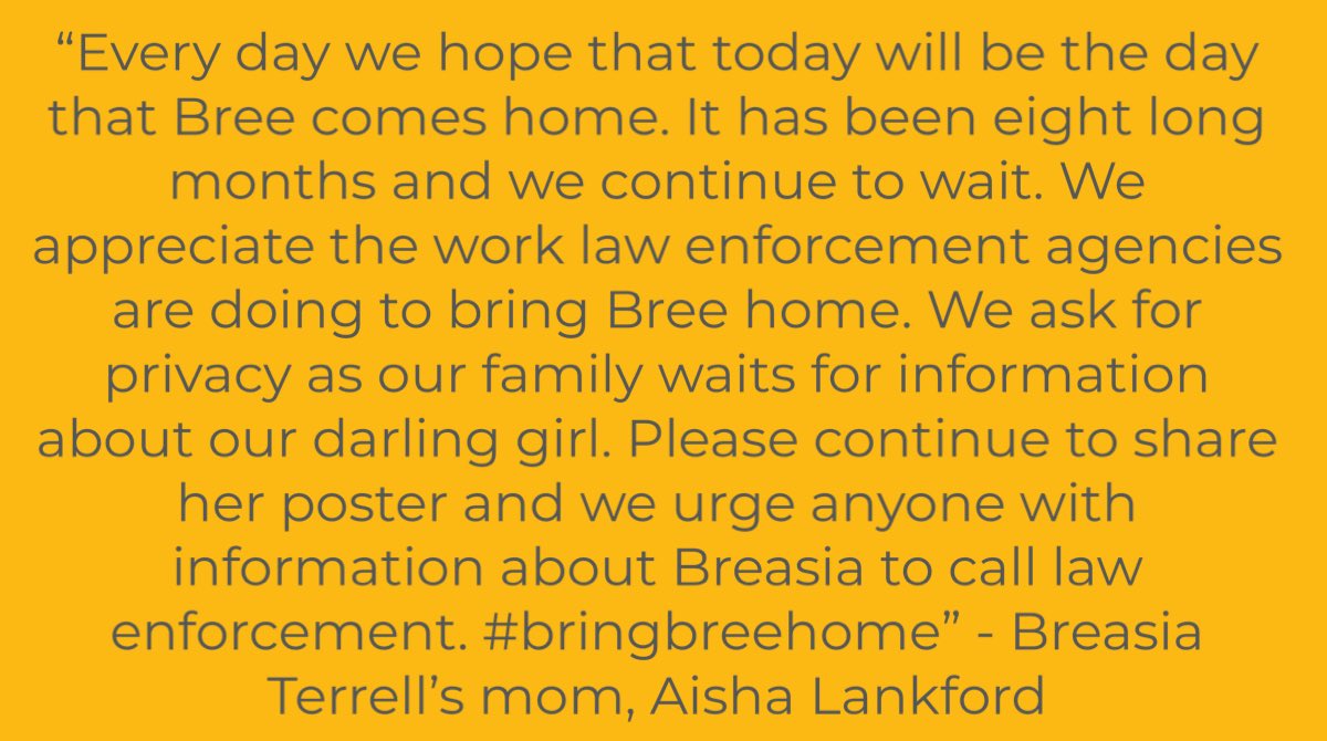 NCMEC's tweet photo. In response to recent news coverage about remains located in Dewitt, Iowa. NCMEC is releasing a statement on behalf of missing child, Breasia Terrell’s mom, Aishia Lankford. #BringBreeHome
https://t.co/i7AILbIUrV https://t.co/rGcWa8ZeCV