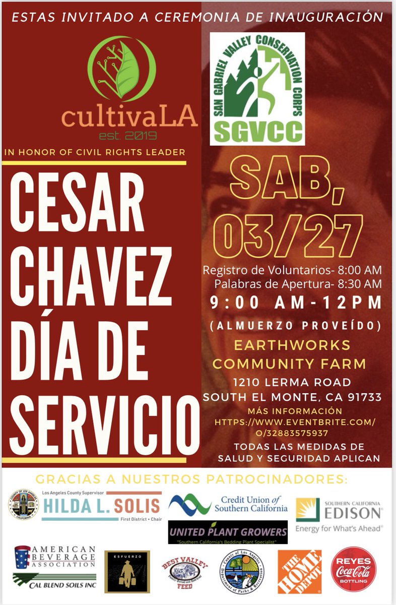 SGV_CORPS's tweet photo. Come join us this Saturday, 03/27 at Earthworks farm for Cesar Chavez Day of Service. Head over to Eventbrite for more information and register online. Can’t wait to see you there! 
#cesarchavezday #dayofservice #volunteeropportunities #sgvcc #sgvcorps https://t.co/dHswyBEYMo