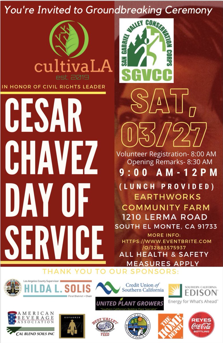 SGV_CORPS's tweet photo. Come join us this Saturday, 03/27 at Earthworks farm for Cesar Chavez Day of Service. Head over to Eventbrite for more information and register online. Can’t wait to see you there! 
#cesarchavezday #dayofservice #volunteeropportunities #sgvcc #sgvcorps https://t.co/dHswyBEYMo