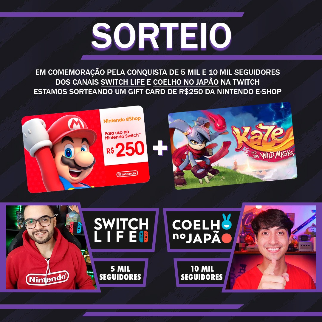 rodrigocoelhoc's tweet photo. Galera, pra lembrar que eu e o @switchlifebr estamos sorteando um eShop Card de 250 REAIS!

E também o JOGAÇO Brasileiro Kaze and the Wild Masks @KazeWildMasks 

Participem:
👉🏼👉🏼 https://t.co/R20PIws71c

Rt aqui pls https://t.co/uv2zcTN8vi