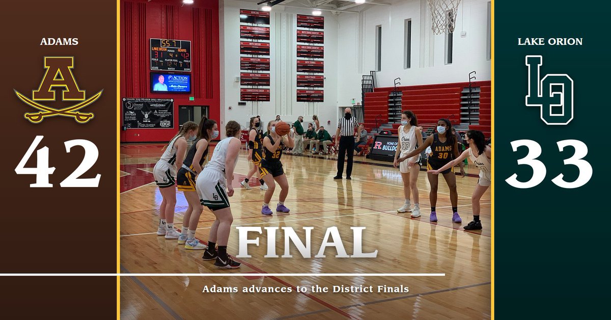 Final: <a href="/Adamsgirlsbball/">Adams Girls Bball</a> 42 Lake Orion 33. Lauren Petersmark with 12, Madison Kesman adds 11. Elizabeth Blaine adds 9 while Abbey Drahnak had 5 steals. They advance to the finals against Clarkston on Friday at 6 pm. <a href="/MIPrepZone/">MIPrepZone</a>