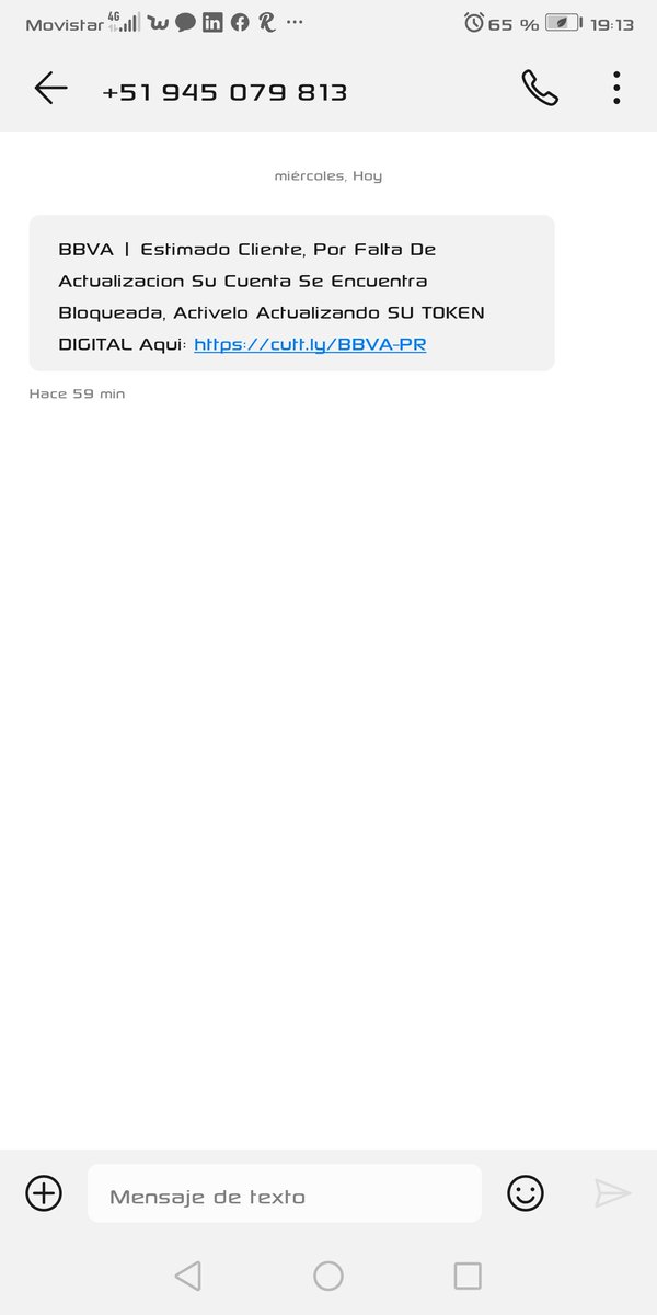IgorRodriguezD's tweet photo. @PoliciaPeru hagan seguimiento a este numero, no tengo cuenta en el BBVA pero enviaron este SMS https://t.co/gJhxj8rDQp