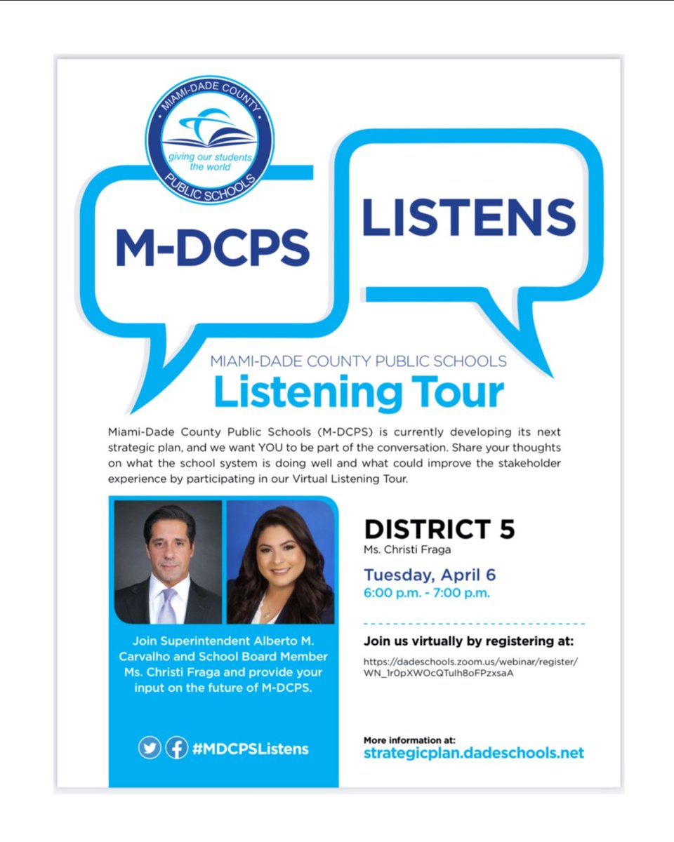 SHialeahElem's tweet photo. Parents please join us by registering for the upcoming Zoom meeting to participate in developing the school system's strategic plan.  We want your hear your voices!
#PrincipalTellez #ToProficiency&amp;Beyond🚀@MDCPSCentral https://t.co/E2Q5h0iKPy