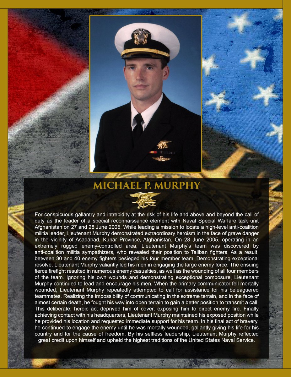 Nat’l Medal of Honor Day is this Thursday, Mar 25. #USNavy LT (SEAL) Michael Murphy received the #MOH for actions in Afghanistan in 2005. He is among 7 NSW recipients of the nation's highest military decoration. #character #grit #leadership 

Citation: cmohs.org/recipients/mic…