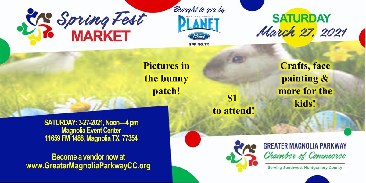 SWMCChamber's tweet photo. 📣This Saturday! 

SpringFest 2021! Pictures with the Easter Bunny, face painters, an egg hunt patch, kids crafts and lots more. Over 70 vendors. We encourage the pubic to join us for this low-cost event with lots to do for the kids! Entry fee is $1. #MagnoliaStrong! https://t.co/LUsh7Yck3h