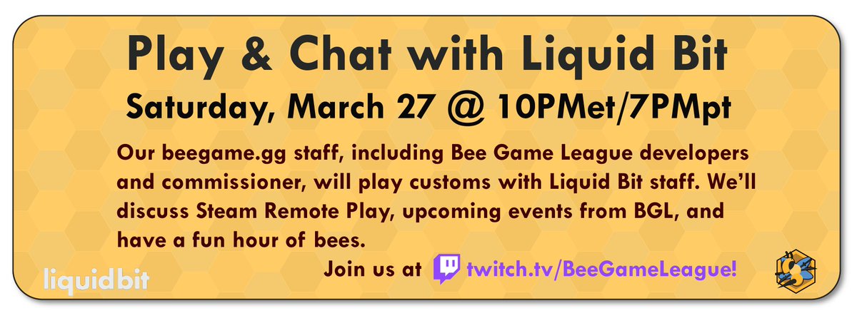 beegameGG's tweet photo. This Saturday at 10et/7pt, our team is participating in a play session &amp; chat with some folks at @LiquidBitGames. We'll talk about some upcoming plans for events, @beegameleague, Steam Remote Play, and the community. We'll stream it at https://t.co/pLn4TNutk6. See you there! #KQB https://t.co/SyWJIEOwo4