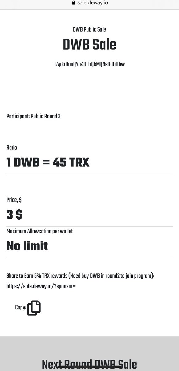 dewayfinance's tweet photo. Round 3 sale is live , 1 DWB is equal 45 Trx now https://t.co/dcrlLDpxXo