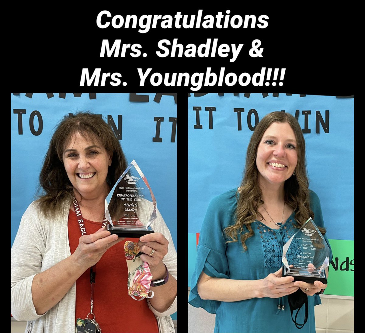 Steadham_Eagles's tweet photo. We are very proud to present 🥁🥁Mrs. Shadley and Mrs. Youngblood our 2021 Para and Teacher of the Year!!! #soaringsteadhamstyle #inittowinit @jrhobb01 @ValSpears4 https://t.co/iJG7q76Tsg
