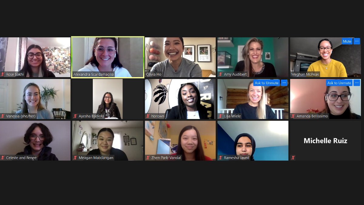 MLSELaunchPad's tweet photo. Loving this all-women broadcast on tonight's @Raptors game!

Shoutout to @AmyAudibert &amp; @meghanmcpeak who joined our members yesterday and shared important messages on dreaming big, working hard and their advice for young women breaking down barriers👊

#HERstory | #ChangeTheGame https://t.co/dhX9Bw8ula