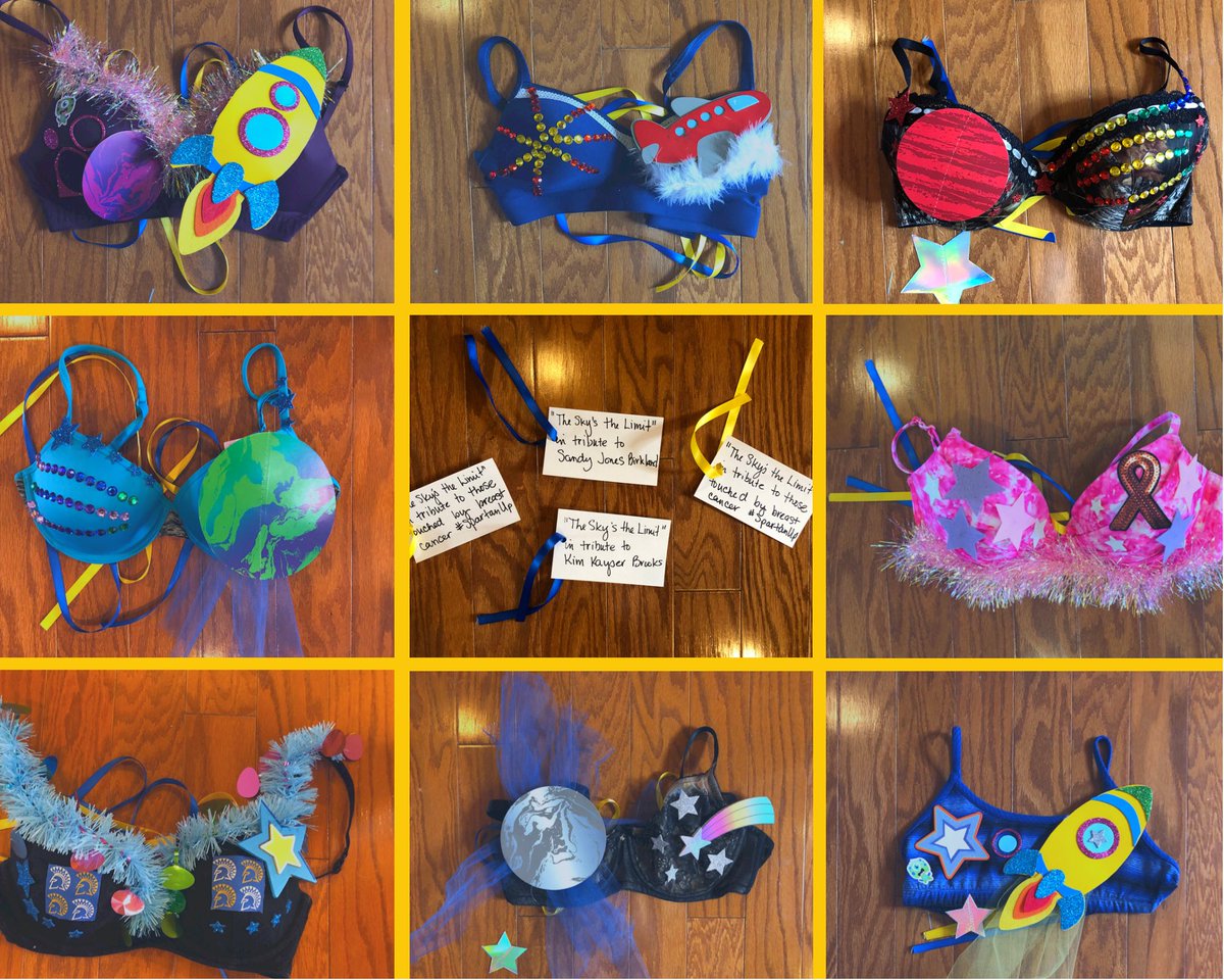 “The Sky's the Limit" celebration of the many lost to breast cancer.  A "Bras for a Cause" - type event, we decorated bras &amp; put them on our fan cutouts. To “claim" one, make a tribute gift to the SJSUVB SAF in their honor here:  bit.ly/2QB3ugr #WeRememberKimandSandy