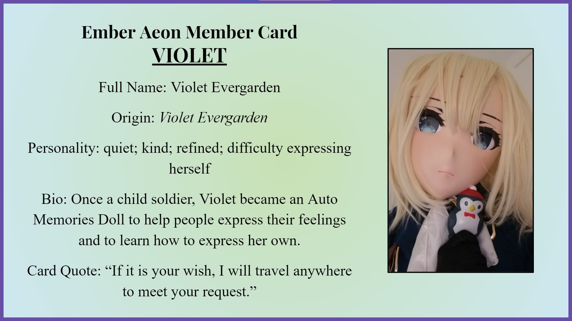 Ember Aeon on Twitter: "Introducing the first member of the Ember Aeon kigu  family, Violet Evergarden~! #kigurumi #cosplay #costume  https://t.co/Nj1O5Rk5a9" / Twitter