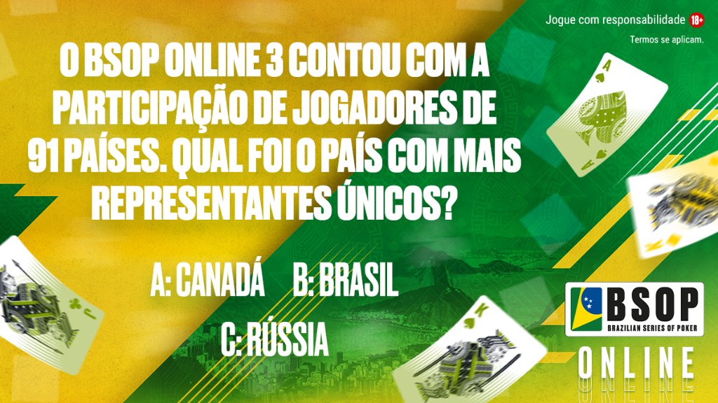 Mais uma chance para você jogar o <a href="/BSOPoficial/">BSOP</a> Online!

Responda corretamente com o seu [Stars ID] + #BSOPOnline até às 23:59 BRT de AMANHÃ para concorrer a 1 de 10 tickets de $11 que iremos distribuir.

Termos se aplicam: psta.rs/3rhRa1h