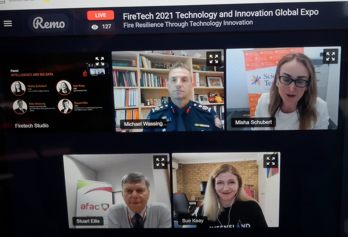 SamPavin's tweet image. What a fantastic panel we have for Firetech 2021 Expo, exploring intelligence and Big data for emergency response, and recovery!
@mishaschubert as moderator, @suekeay, @WassingM and @CEO_AFAC.
#Firetech2021 #FiretechConnect