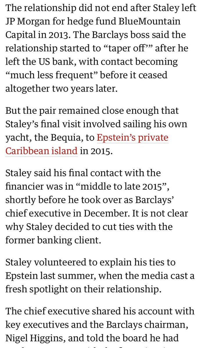 So, Staley developed his relationship w/Epstein during his time at JPMorgan, before going to Barclays...even sailed his yacht to Epstein’s island. Nobody is suspicious of all these coincidences?  https://www.theguardian.com/us-news/2020/feb/13/barclays-boss-jes-staley-links-to-jeffrey-epstein-investigated