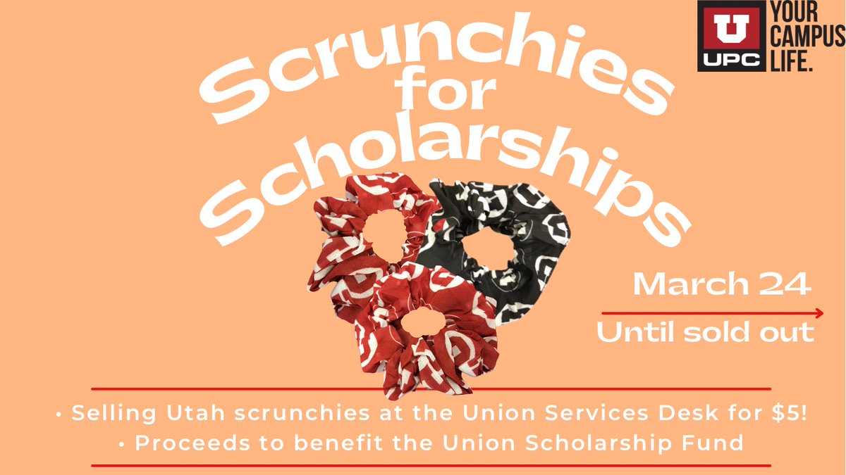 upcuofu's tweet photo. Starting March 24th, we are starting our  Scrunchie Fundraiser! Scrunchies for Scholarships, we are selling our Utah themed scrunchies at the Union Service Desk for $5 each. All proceeds benefit the Union Scholarship Fund. https://t.co/U1uKA3TH0Y