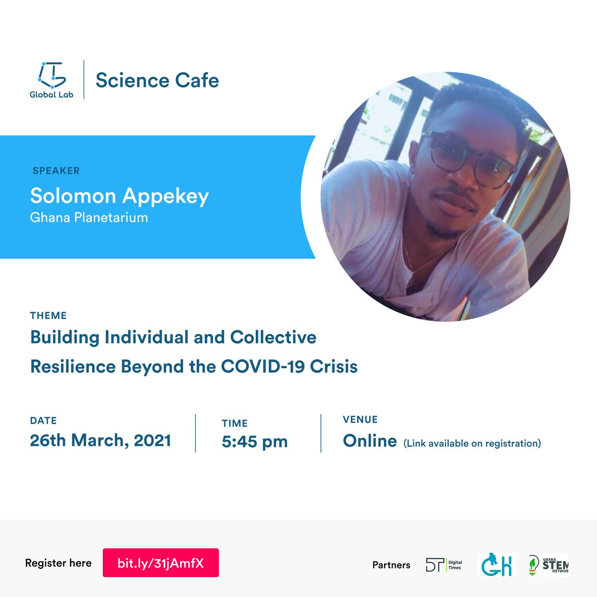 GLabNetwork's tweet photo. Welcome #ScienceCafe Speaker, an Astronomer &amp; Science Communicator at @GhanaSciencProj &amp; team member of space start-up @SpaceSolutions9. Solomon will speak on making sense of the mystery and wonder of the universe Join in! https://t.co/DuPZ2pkY7j #SciCafeGH #Sci4D #STEMGheeks https://t.co/QtVGd5BtM2