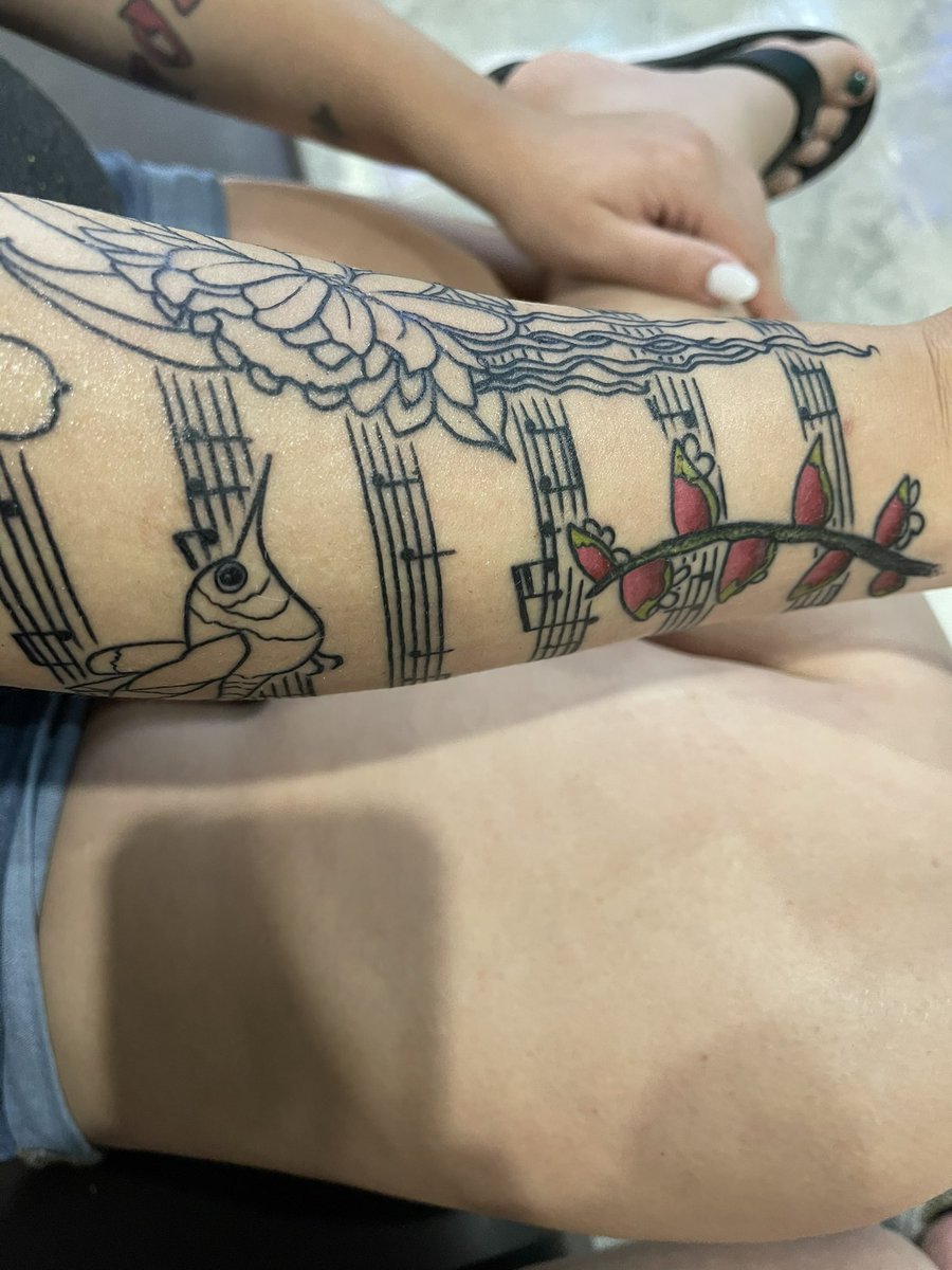 shekinah07's tweet photo. My daughter got the first outline of her Rush tattoo from the idea we can up with.  Inspiration of artwork came from The Garden, the music notes are the actual song. ♥️ Going to look awesome after color is added! #RIPNeilPeart @vivien2112 @RushFamTourneys  @HumbleAnthem https://t.co/a4Hrabuqkc