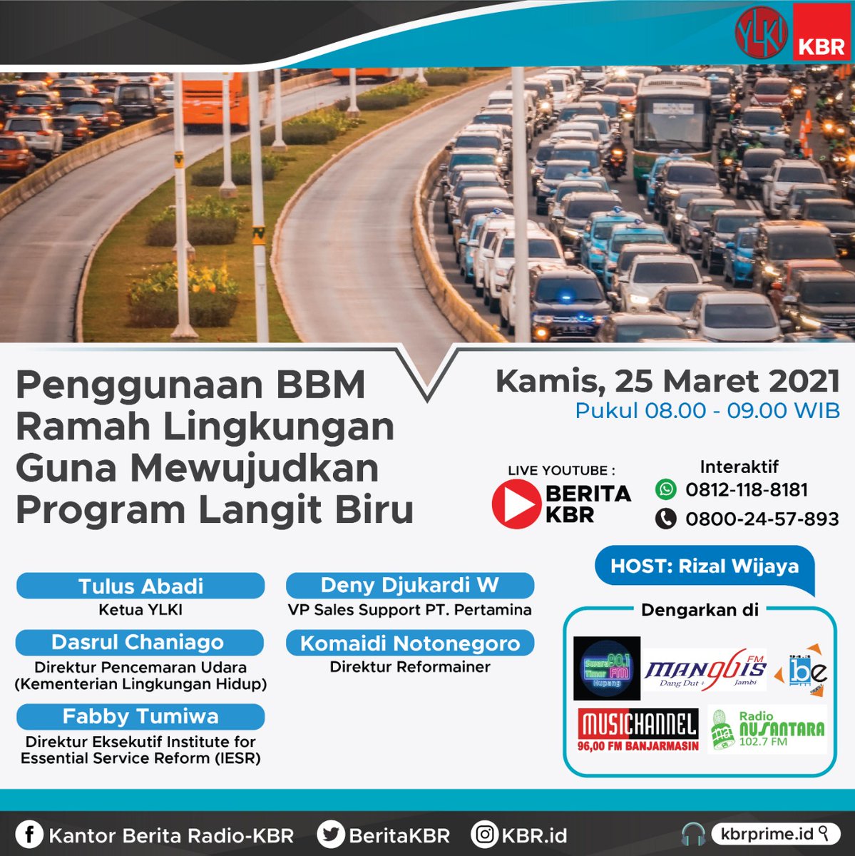 beritaKBR's tweet photo. LIVE NOW!
Diperlukan sinergi bersama mewujudkan udara bersih bebas polusi, sekaligus mendukung #ProgramLangitBiru.
Caranya?
Bagaimana mencapai penerapan BBM ramah lingkungan?
Kami bahas di #ProgramKhususKBR kerja sama @YLKI_ID
Live YouTube: https://t.co/DITmD8JxlS https://t.co/OmLPV98NN8