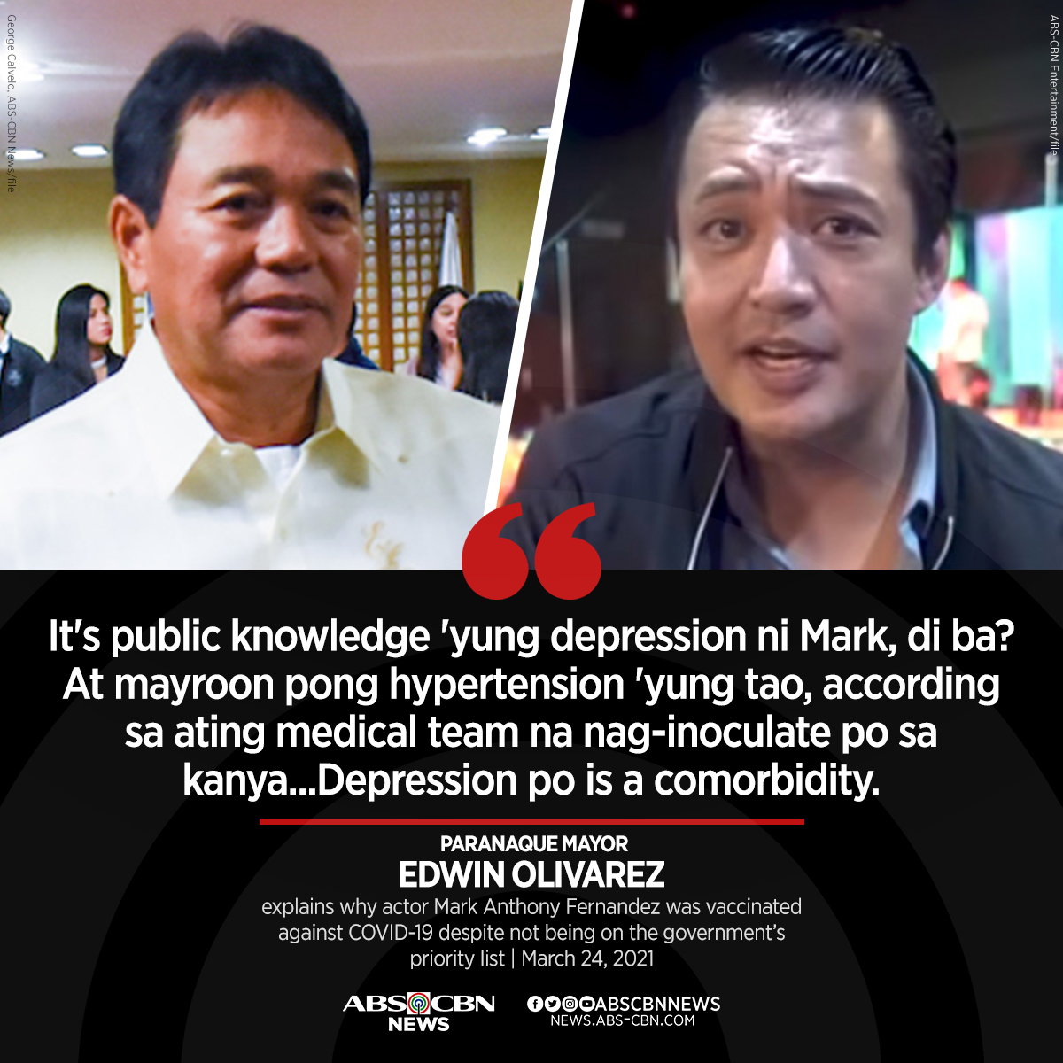 ABSCBNNews's tweet photo. Parañaque City Mayor Edwin Olivarez defended Mark Anthony Fernandez, who got the #COVID19 vaccine even if he is not a medical frontliner. People with comorbidities are 3rd on the priority list, next to healthcare workers and senior citizens. 

READ: https://t.co/DFGk2Z38hf https://t.co/Qd9rF4NfAy