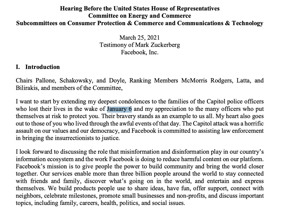 One single reference to the Jan 6 Insurrection in Facebook CEO Zuckerberg's written testimony ahead of tomorrow's hearing before House <a href="/EnergyCommerce/">Energy & Commerce Democrats</a>. We know Facebook was instrumental in the fomentation and spread of disinformation/organizing on 1/6.

He's in for a grilling.