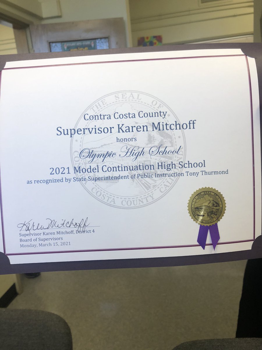OlyMDUSD's tweet photo. Thank you Supervisor Karen Mitchoff for recognizing Olympic’s Model school status! #teamoly #olypride #modelcontinuation #quarantinegrads @MtDiabloUSD @CCEAeducation https://t.co/LyPqAdh4Ut