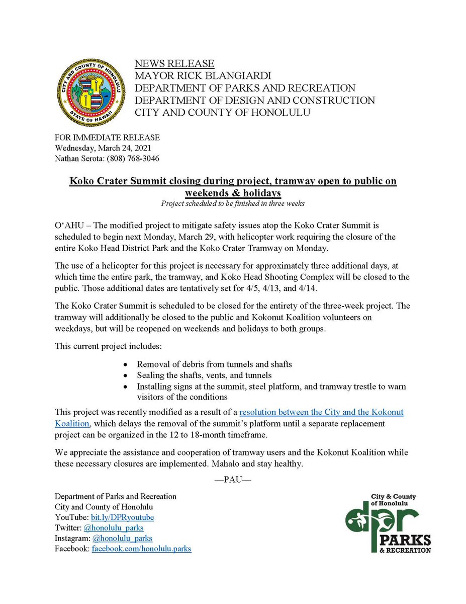 repward's tweet image. 🚨 ATTENTION HIKERS, WALKERS, AND PARK GOERS 🚨 Please note the closures to Koko Head District Park and Koko Crater Tramway coming soon!