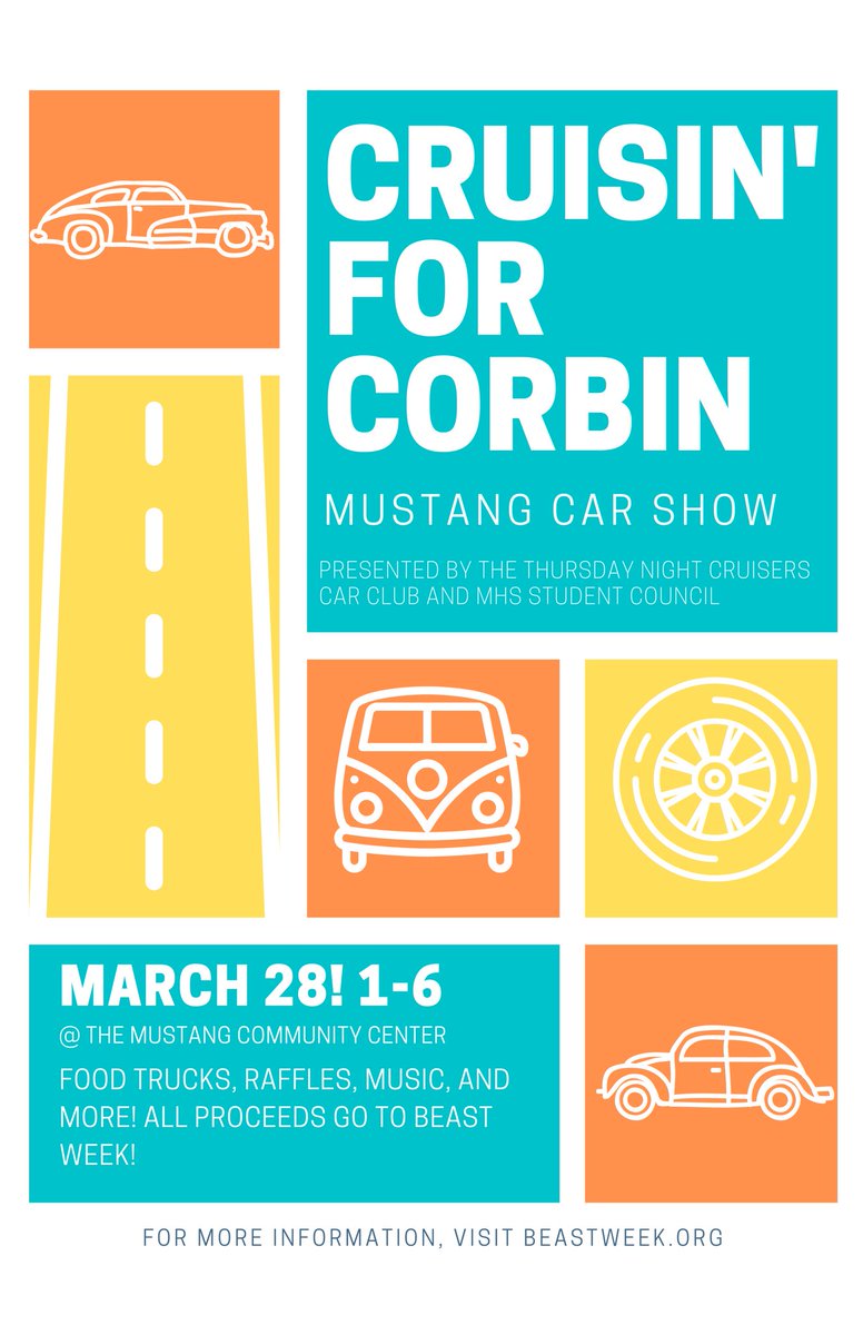 mustang_stuco's tweet photo. Cruisin’ For Corbin - This Sunday! Don’t miss out on this awesome event that supports our 2021 Beast Week recipient, Corbin! #beastweek2021 https://t.co/W39V07j2xZ