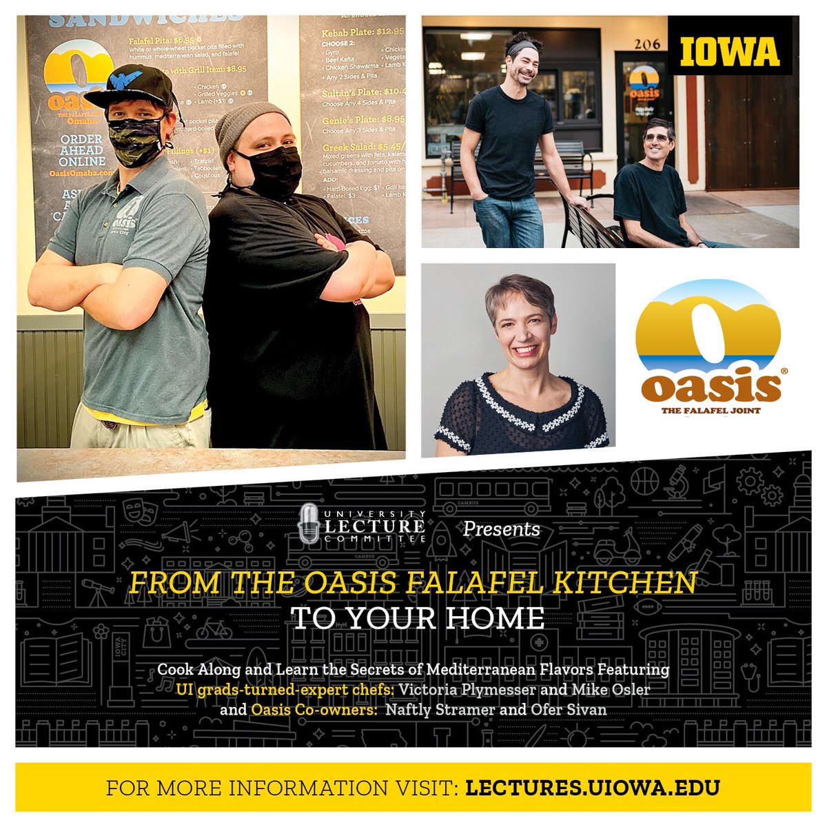 uilectures's tweet photo. Join us March 30th at 7PM for “From the Oasis Falafel Kitchen to Your Home.” Cook along &amp; learn the secrets of Mediterranean flavors with UI grads-turned expert chefs: Victoria Rich &amp; Mike Osler and Oasis co-owners Naftly Stramer and Ofer Sivan. Tune in at https://t.co/pQztHXQo80 https://t.co/nFOS764Sj5