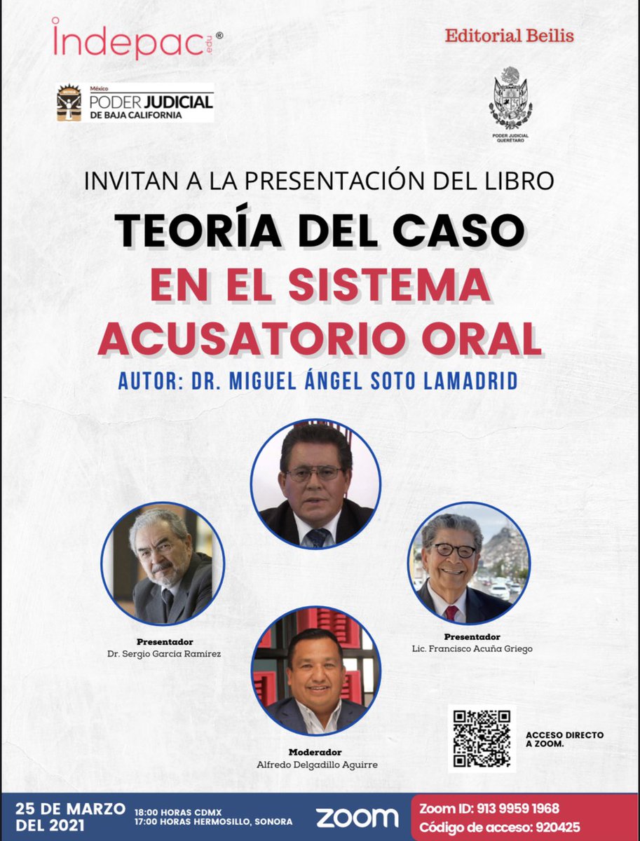 BARRASONORENSE1's tweet photo. Te invitamos a la presentación del libro “Teoría del caso en el Sistema Acusatorio Oral” escrito por el Dr. Miguel Ángel Soto Lamadrid con presentadores de primer nivel, el día de mañana 25 de marzo a las 17:00 horas Sonora vía ZOOM.

¡No te lo pierdas! https://t.co/GAFpwbBMVC