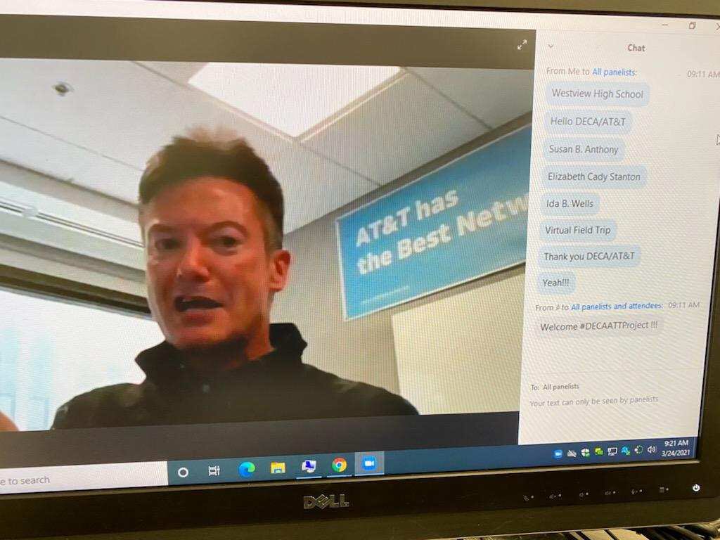 PrincipalZig's tweet photo. AT&T Exec. VP gave words of advice to our WV CTE Business Classes. Advice-“Step out of your comfort zone and continue to grow. It is okay to make mistakes but learn from them fast.”Virtual Field Trip to Texas - WV student,Ross, got first place in Kahoot! @PowayUnified @PowayCTE https://t.co/KbWc5iq74y