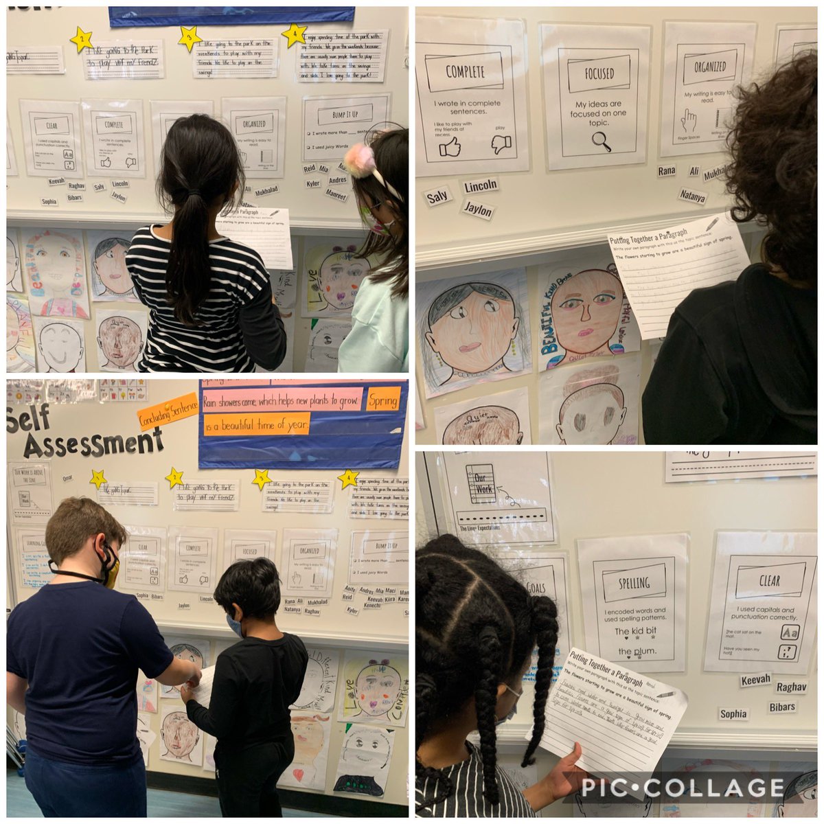 MissFryday's tweet photo. Ss are self assessing their work! They are checking to see if they have capital letters at the beginning of a sentence, spacing between words, correct punctuation, writing neatly on the lines, writing complete sentences, and seeing if they can bump up their work. @WilfridJuryPS https://t.co/wSU6XDfXC1