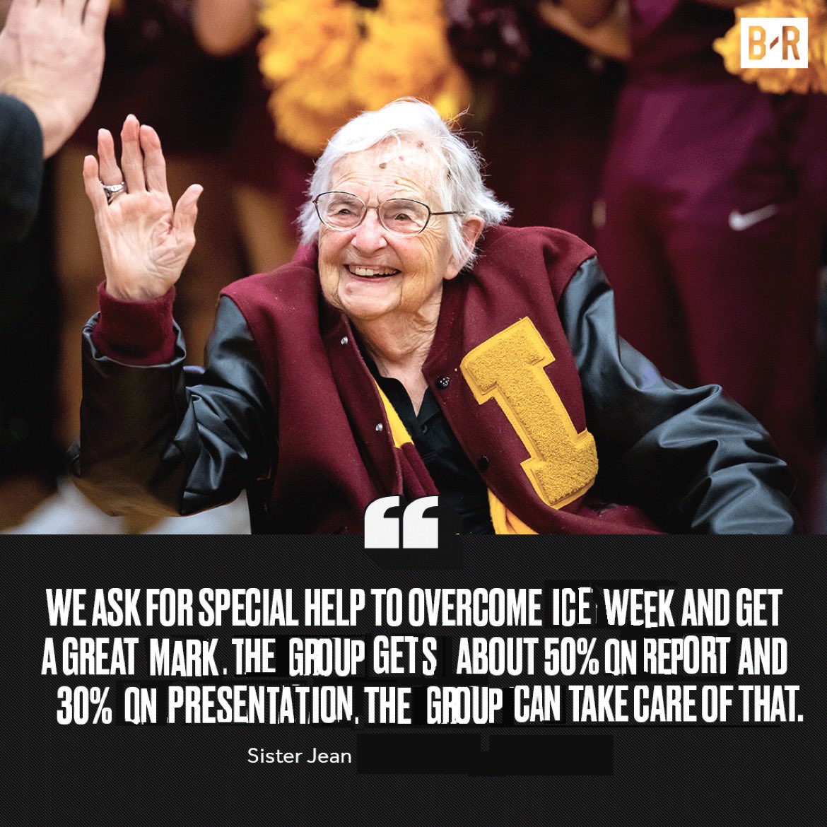 Group20ICE2021's tweet photo. Group 20 would like to thank Sister Jean for her blessing on the eve of our presentation! #LazaridisICEWinter21 #NCAATournament https://t.co/B1FKR8bL4O
