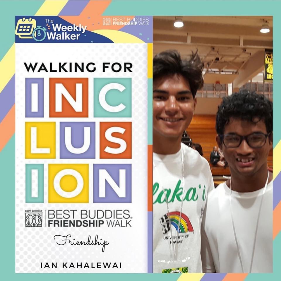 BestBuddiesHI's tweet photo. Our #weeklywalker is Ian, an ambassador and member at the University of Hawaii-Manoa chapter. He and Rohan hang out, go to sporting events, and share their interests. Ian says, “I walk for inclusion because I want to make more friends, and I feel included.” #BBHI https://t.co/3ruLzqWHhm