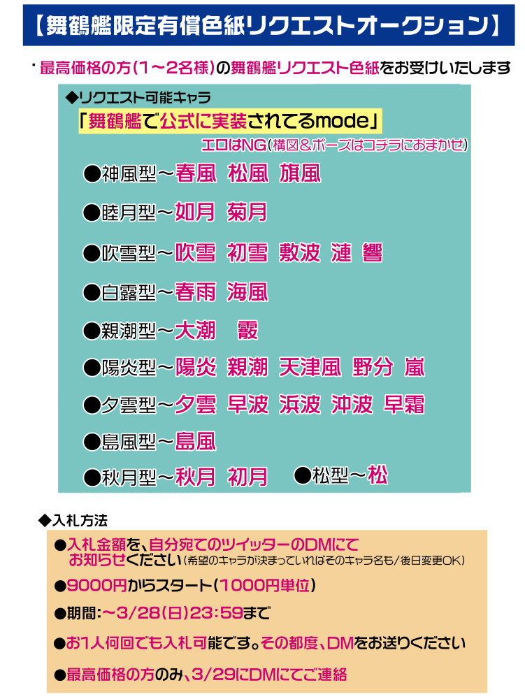 【4月期有償色紙リクエストDMオークション】
●今回は舞鶴艦限定リク
(舞鶴艦種は画像参照)
●入札上位1~2名様/1~2枠
●入札方法:入札金額&希望キャラを
自分宛てDMへ
●9000円からスタート/1000円単位
●期間:~3/28(日)23:59
●BOOTHにて決済&匿名配送(送料別)
詳細は画像↓